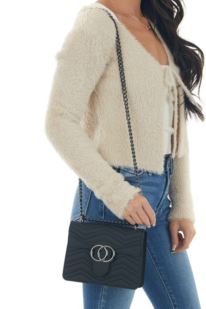 Black Chevron Texture Black Chain Shoulder Bag 