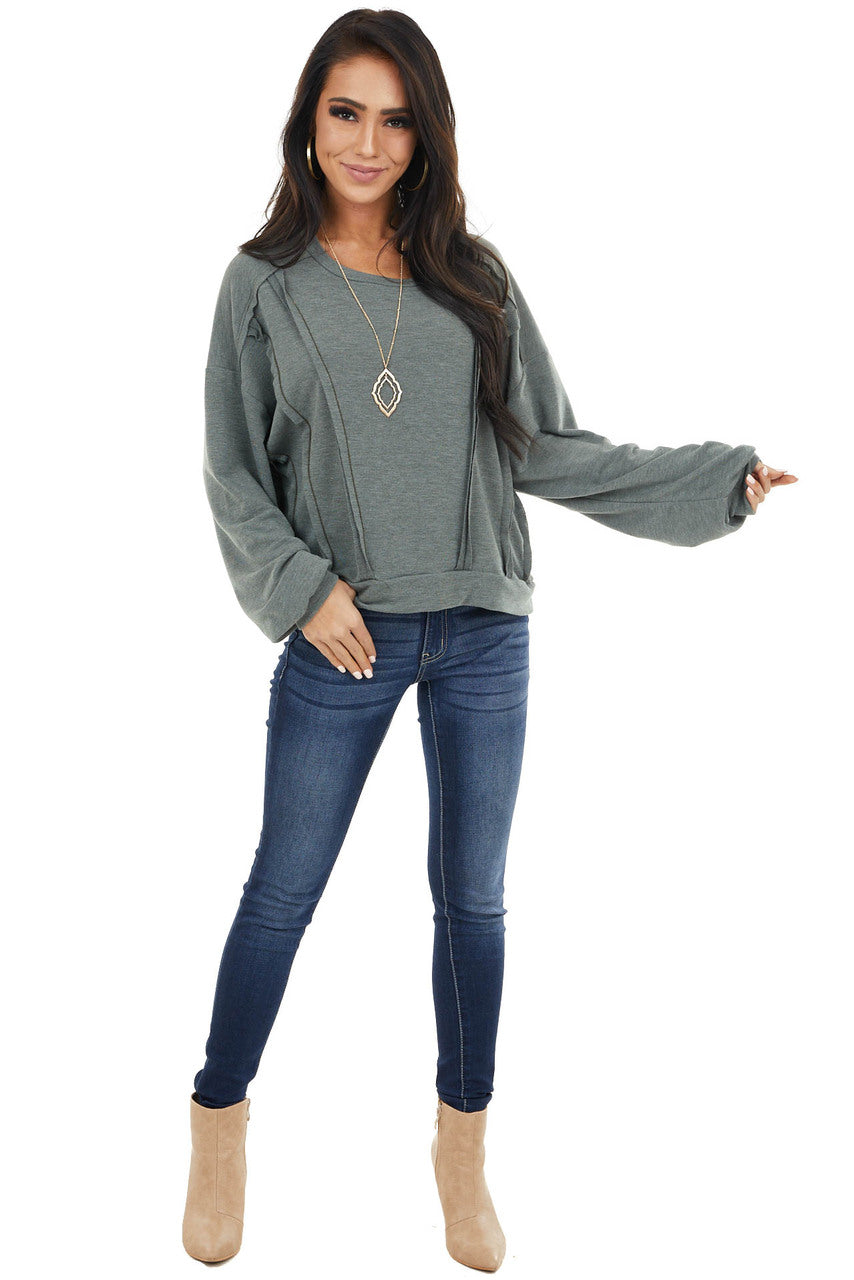Faded Olive Stretchy Long Sleeve Top with Raw Edge Details