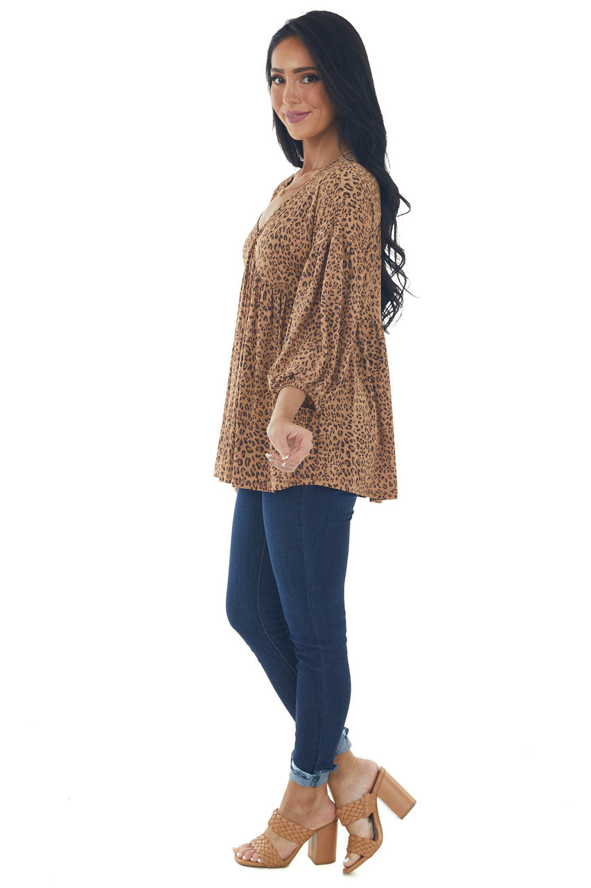 Copper Leopard Print V Neck Babydoll Knit Top 