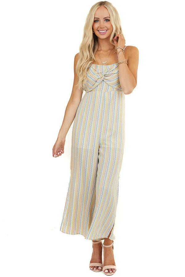 Multicolor Patterned Jumpsuit with Front Twist Detail