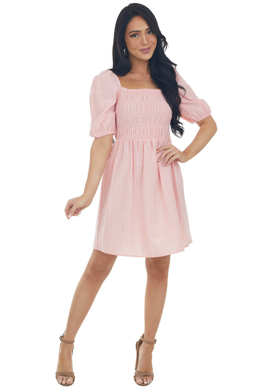 Light Coral Smocked Puff Sleeve Short Dress