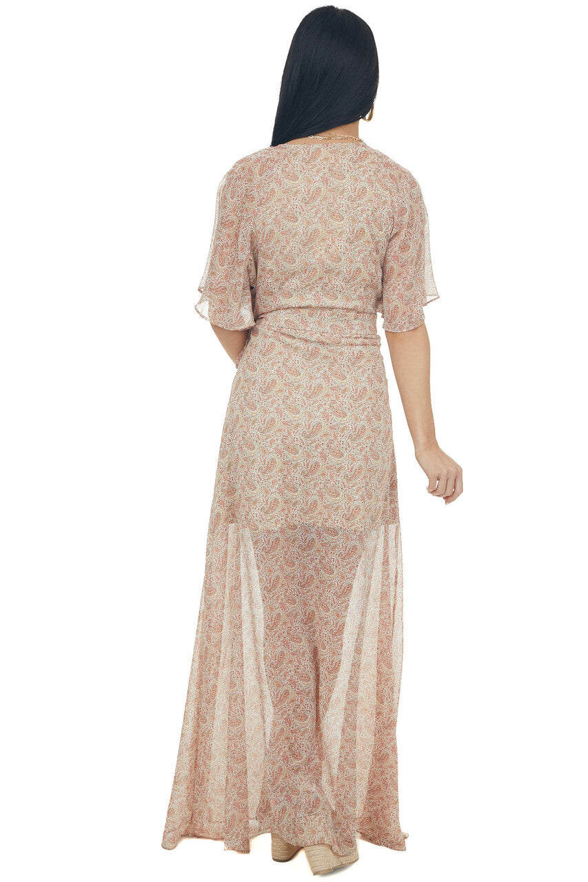 Rust Paisley Print Wrap Waist Tie Maxi Dress