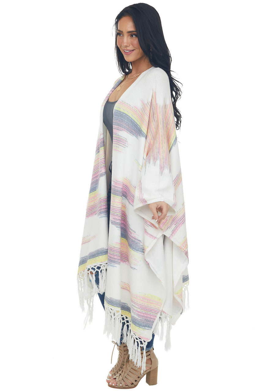 Eggshell Multicolor Fringed Poncho Cardigan 