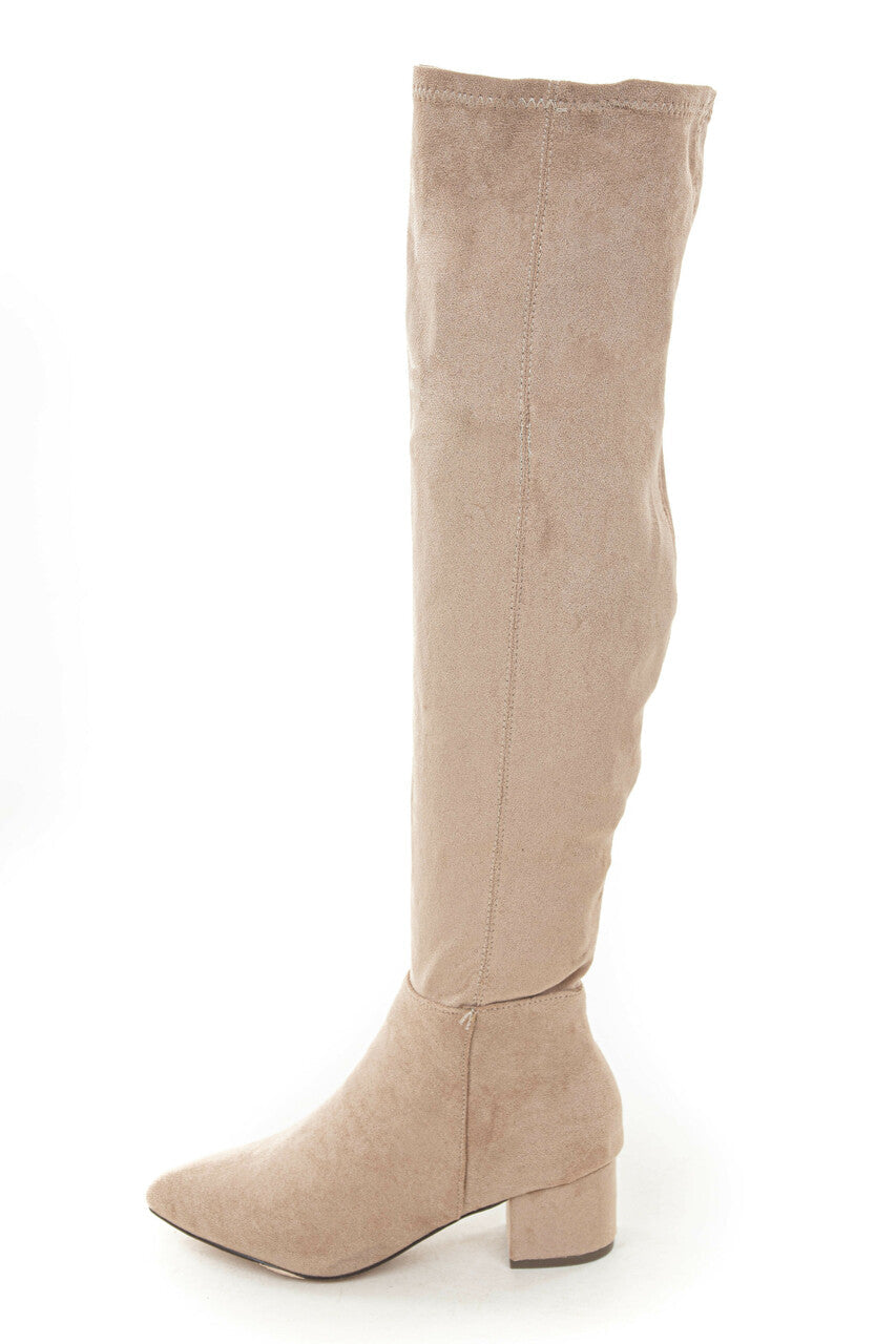 Champagne Faux Suede Knee High Chunky Heel Boots