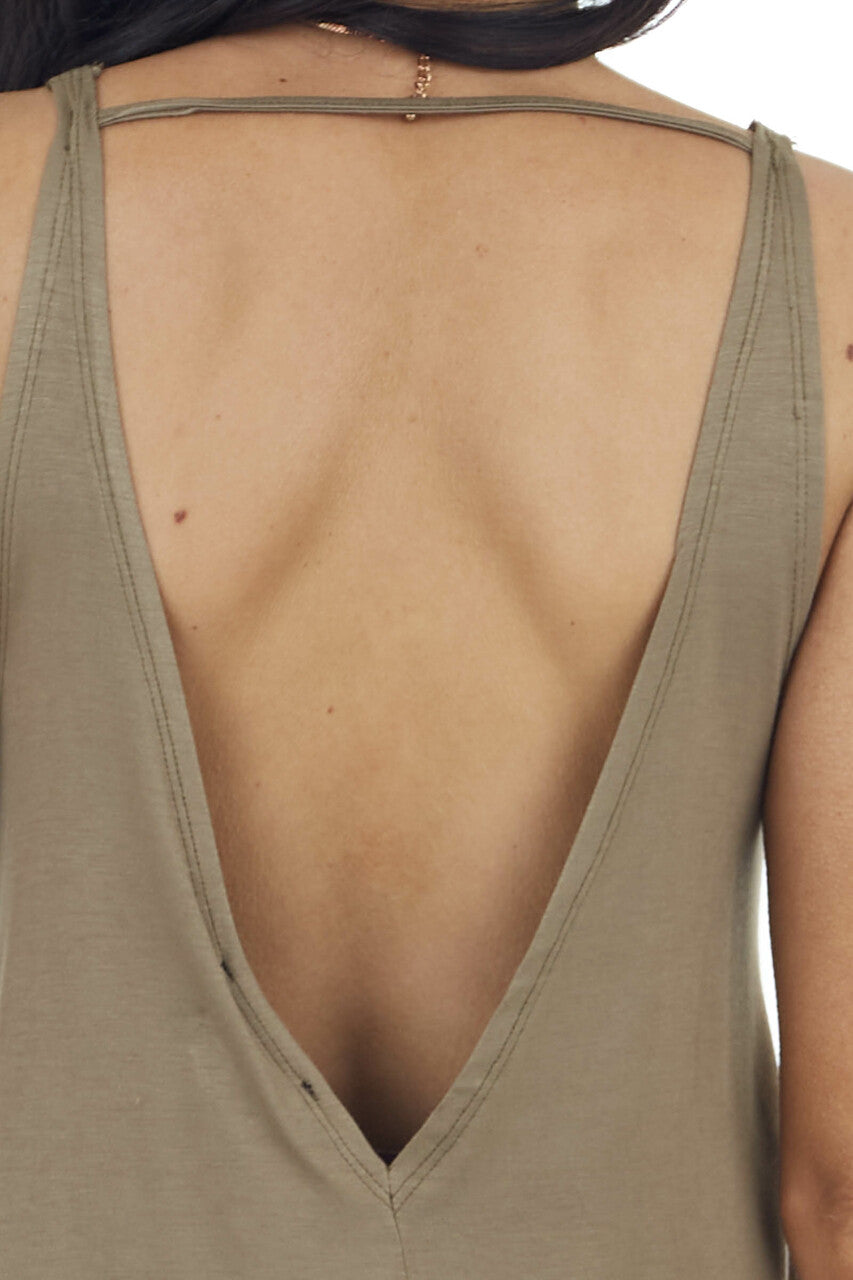 Olive Knit Tank Top with Low Cut Back and Button Details