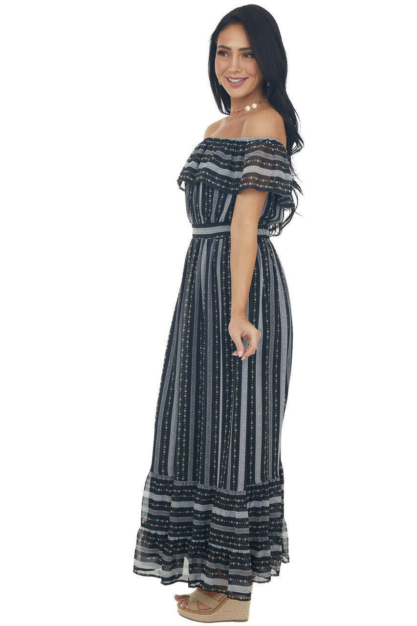 Black Multi Print Off Shoulder Maxi Dress with Ruffle Detail