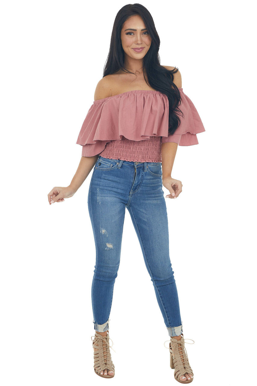 Thulian Pink Off Shoulder Overlay Smocked Top