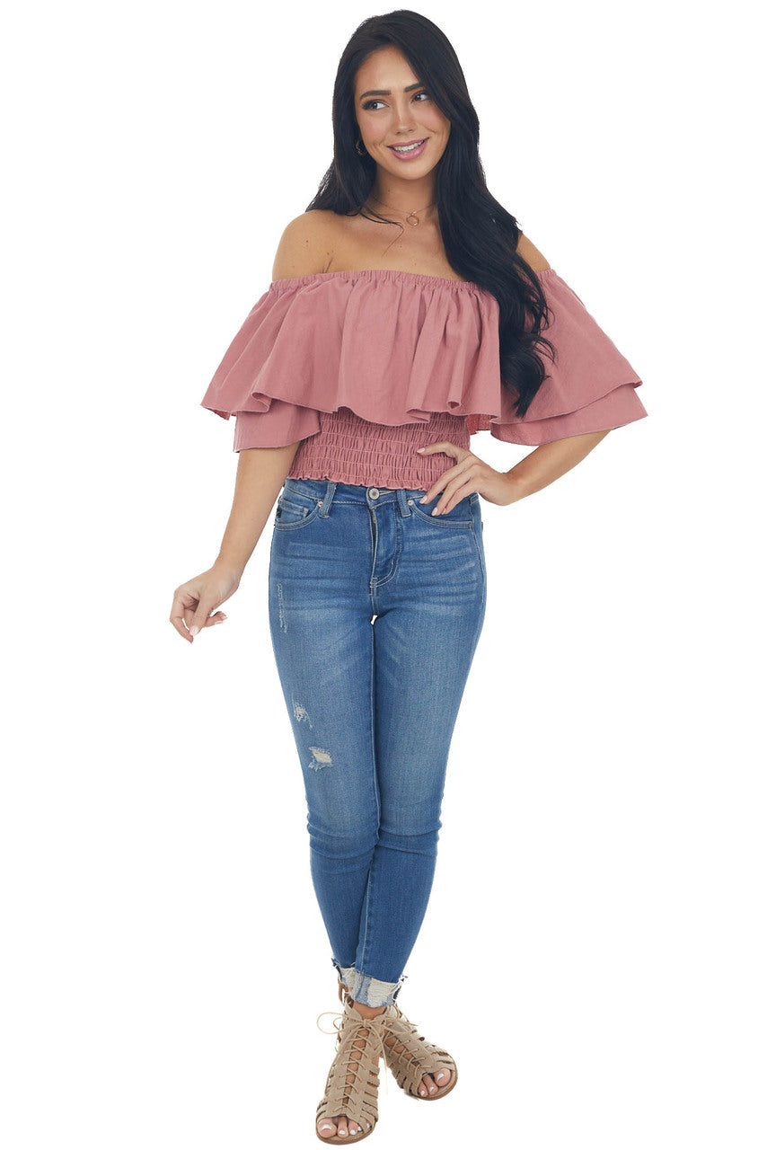 Thulian Pink Off Shoulder Overlay Smocked Top