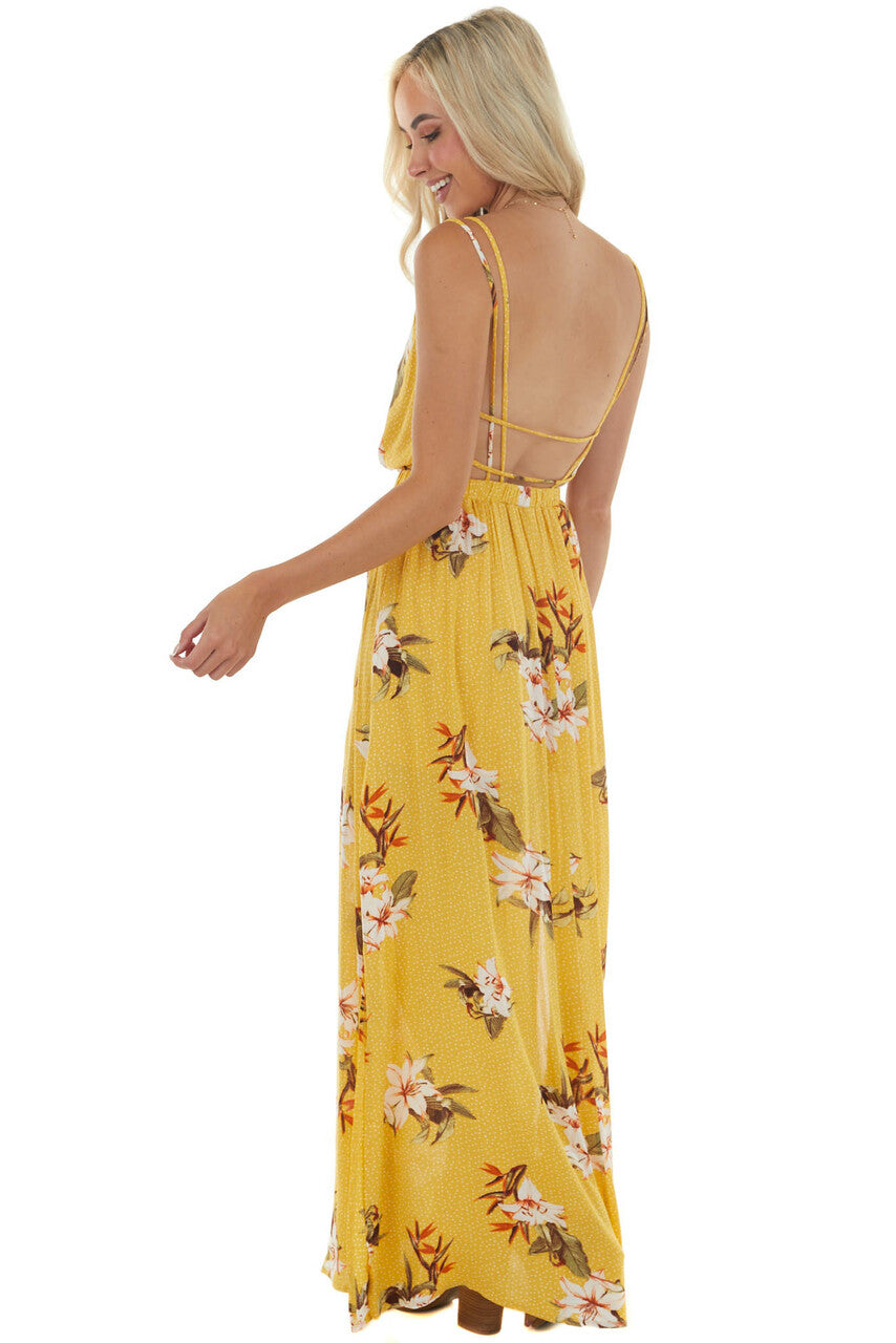 Canary Yellow Floral and Polka Dot Print Maxi Dress