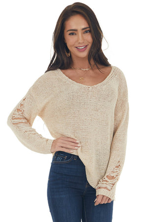 Sand Lightweight Heavily Distressed Sweater