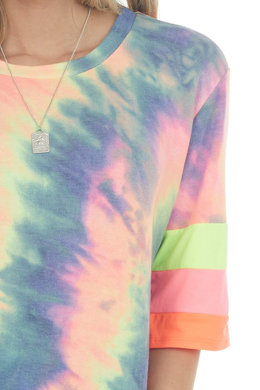 Neon Multicolor Tie Dye Knit Top with Stripe Contrast Detail
