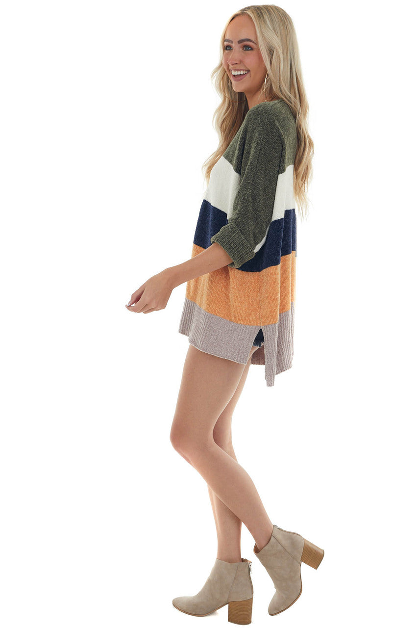 Olive Multicolor Striped Chenille Sweater