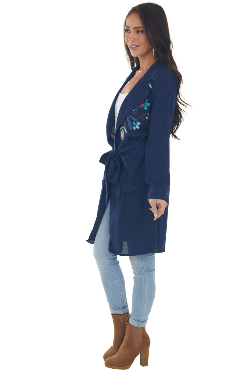 Navy Floral Embroidered Open Midi Jacket 
