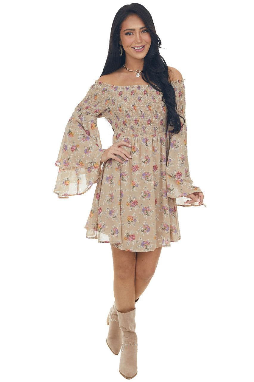 Latte Floral Print Long Sleeve Off the Shoulder Dress