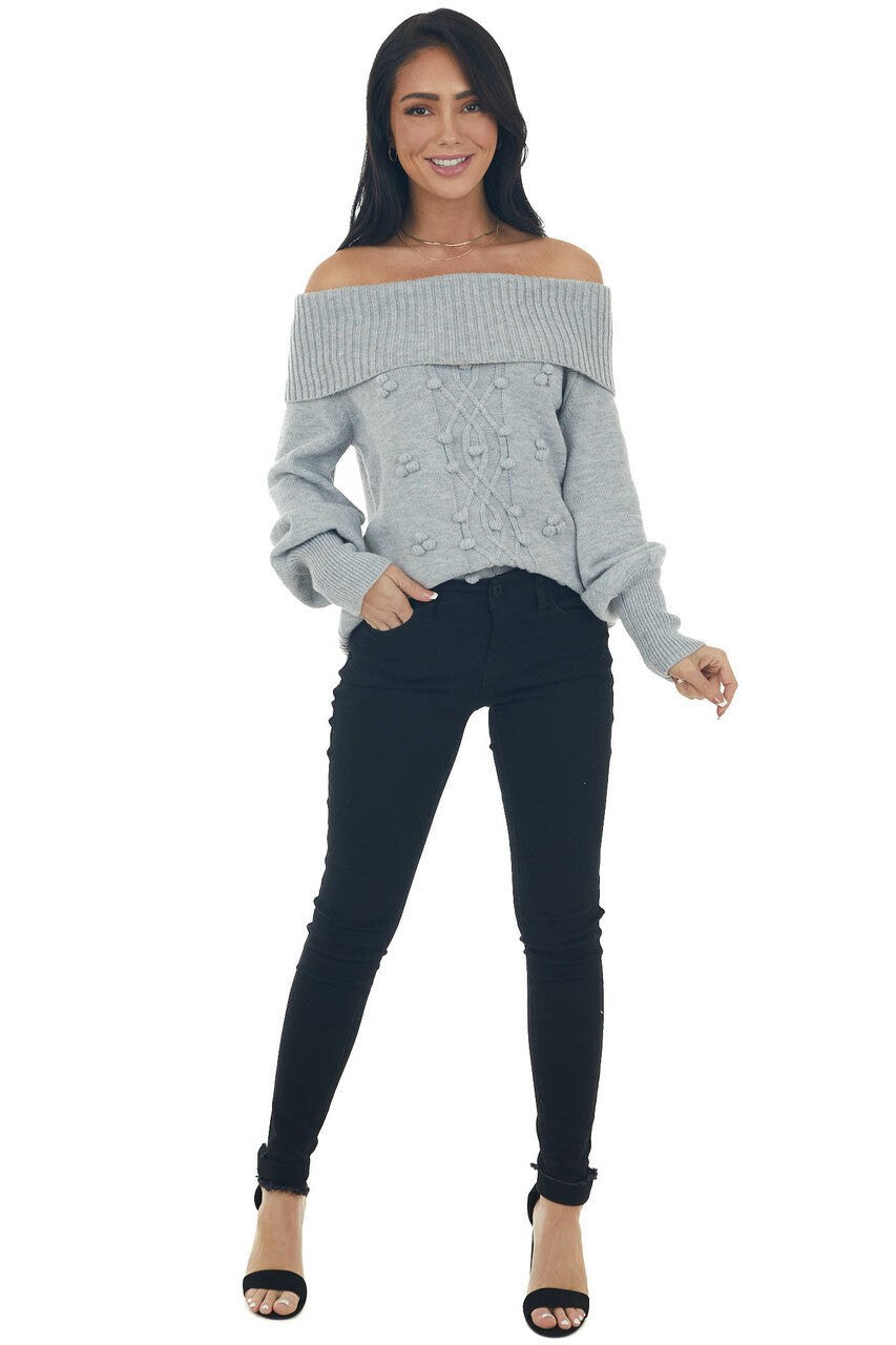 Dove Grey Off Shoulder Pom Pom Detail Sweater 