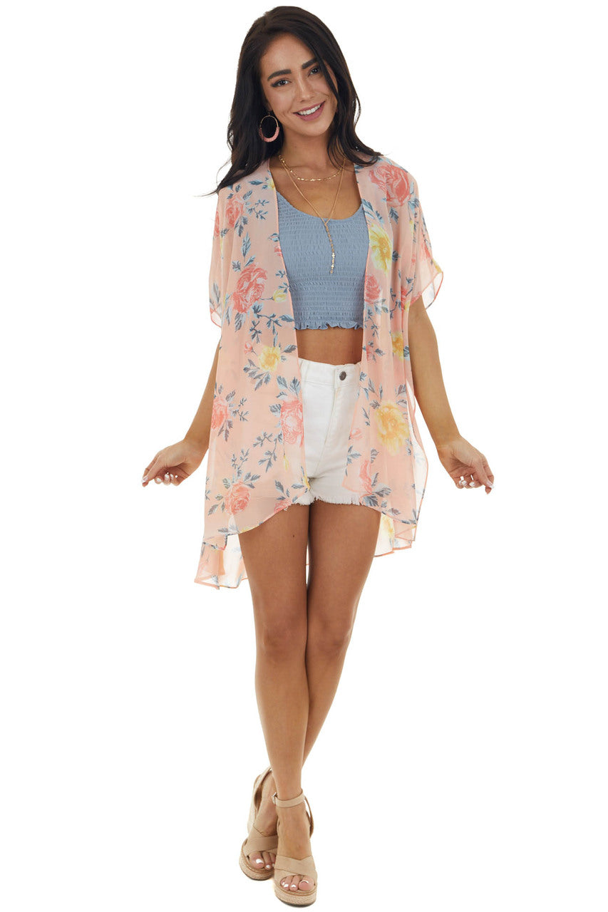 Pale Coral Floral Print Lightweight Flowy Chiffon Kimono 