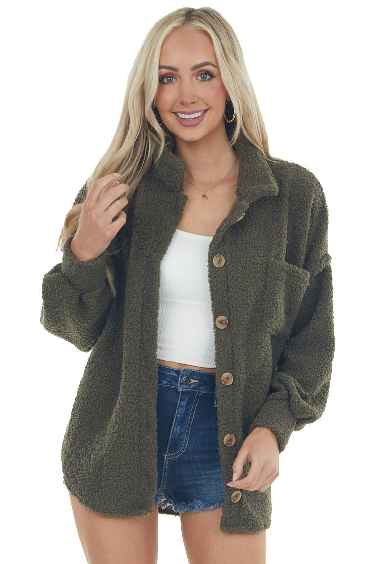Olive Sherpa Button Up Bubble Sleeve Shacket