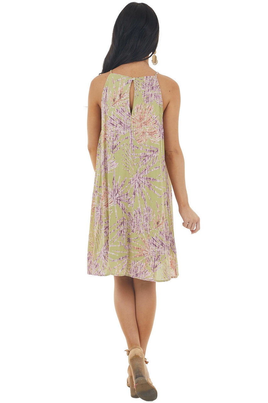 Pistachio Tropical Print Short Dress with Halter Neckline 