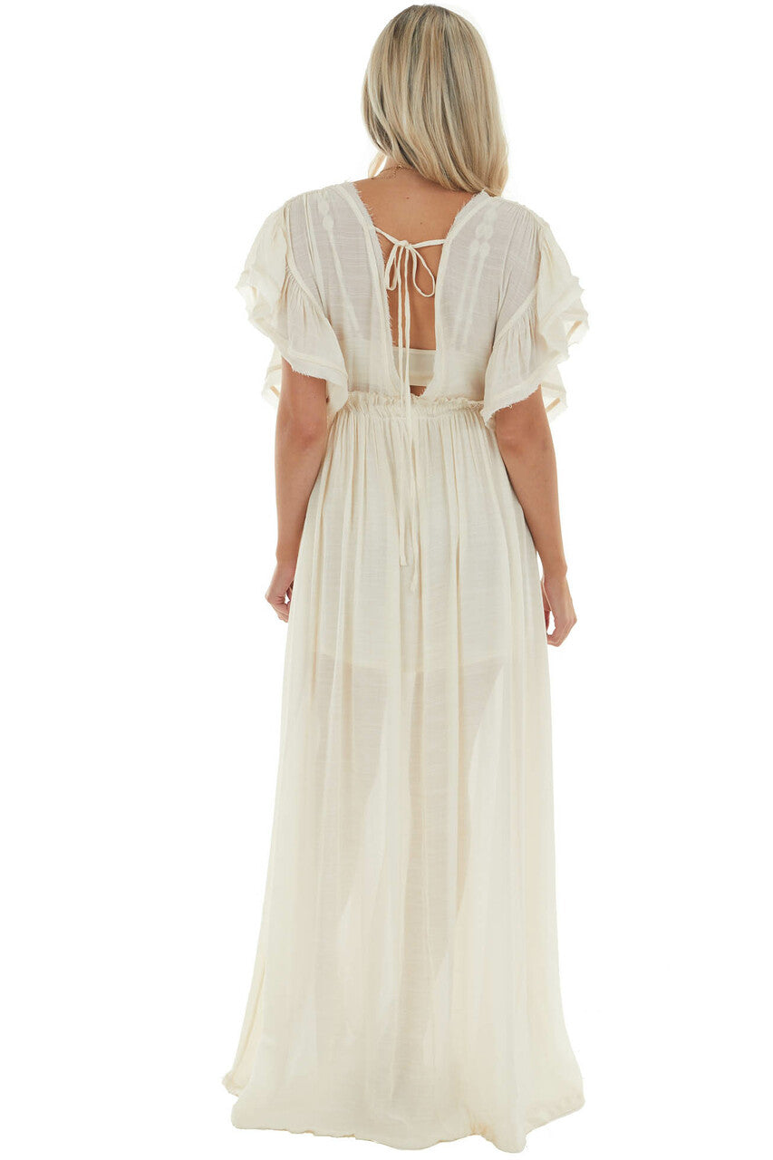 Cream Button Front Plunging V Neck Maxi Dress