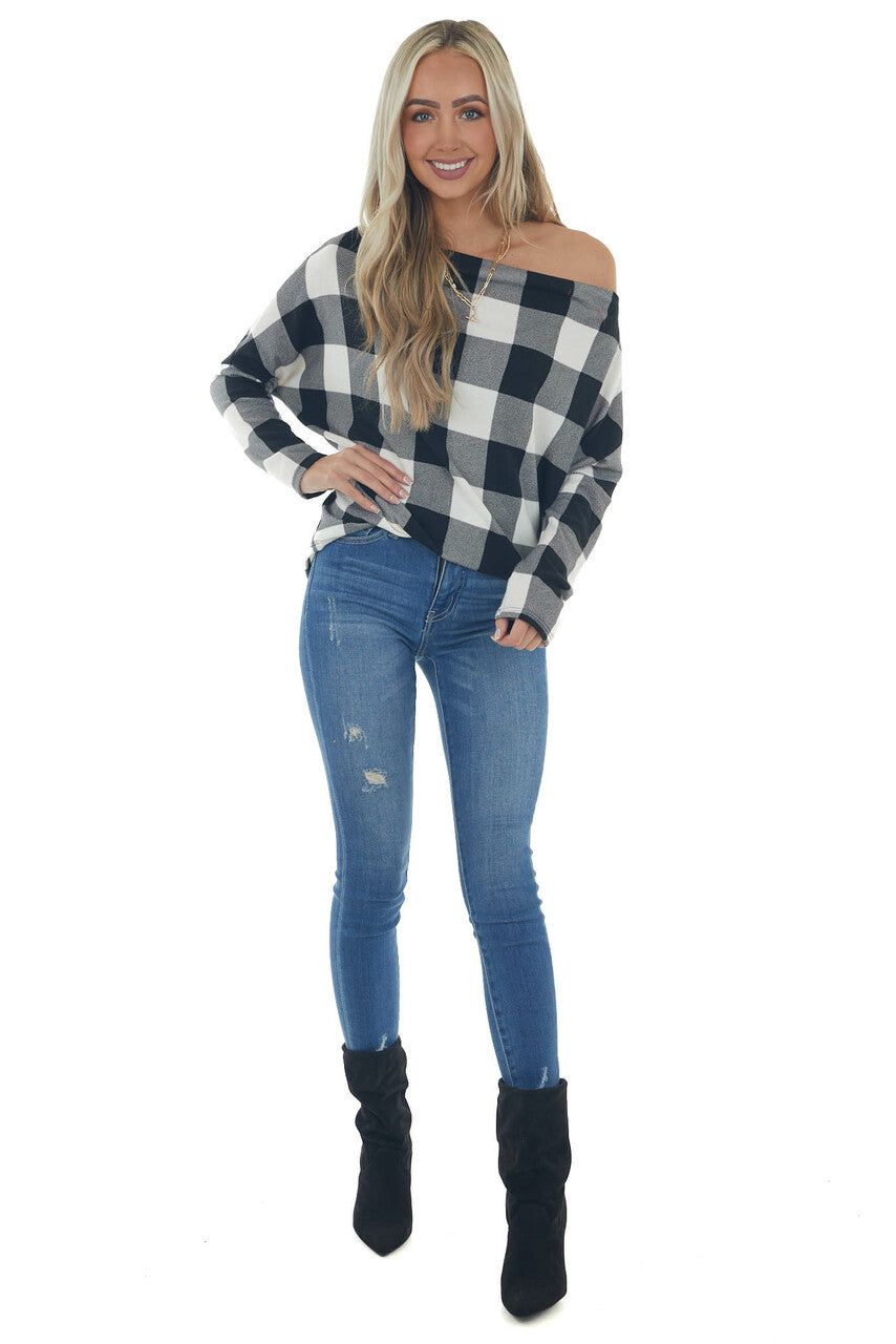 Black Buffalo Plaid Off Shoulder Knit Top 