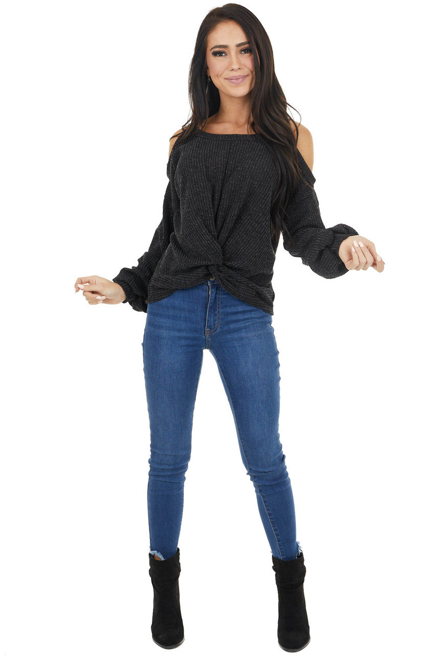 Charcoal Two Tone Long Sleeve Knit Top with Cold Shoulders