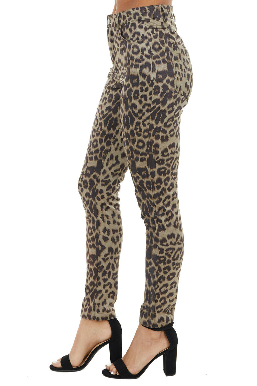 Olive Leopard Print High Waisted Skinny Pants with Pockets