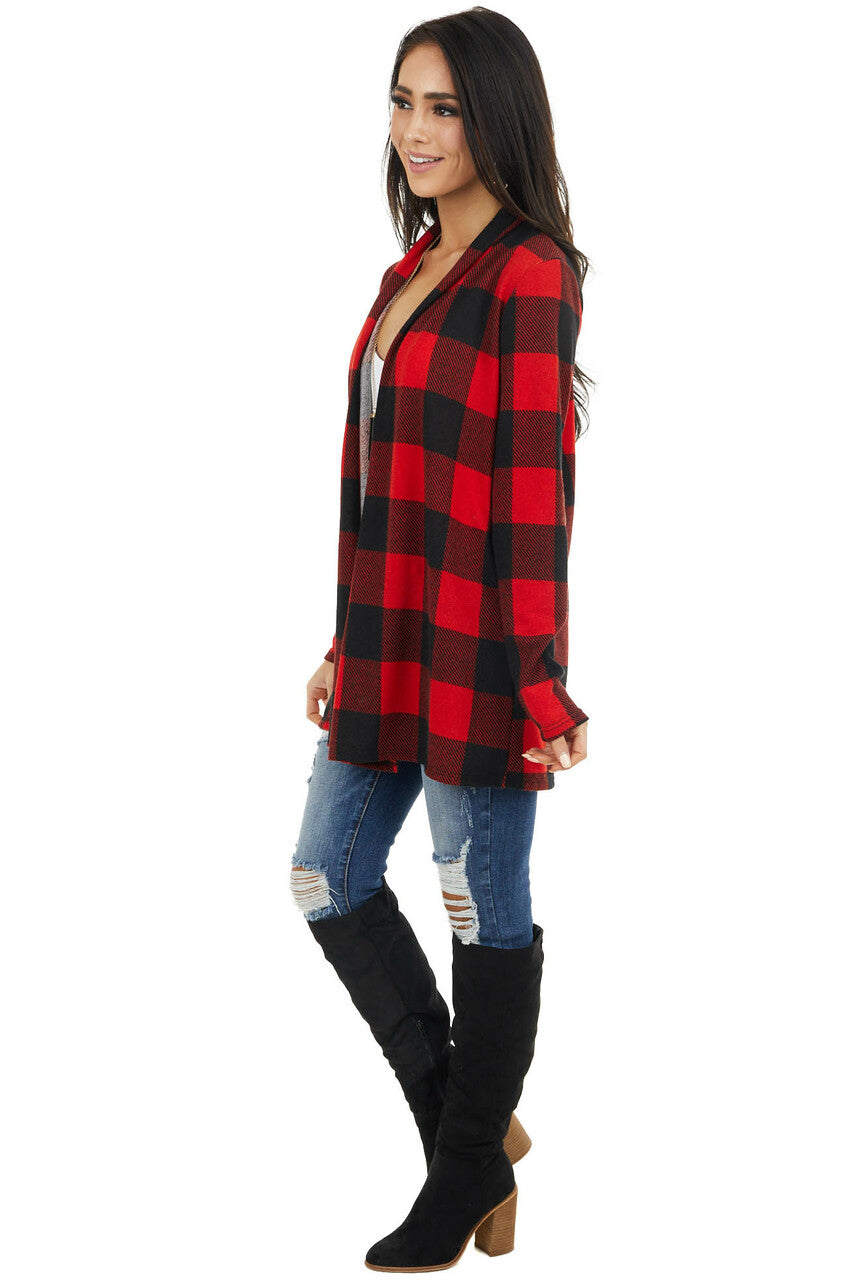 Crimson and Black Buffalo Plaid Cardigan with Elbow Patches