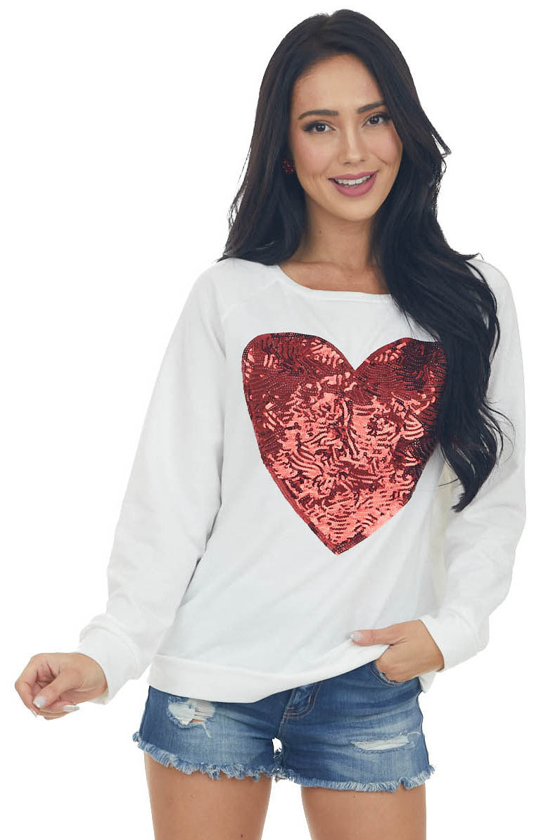 Ivory Long Sleeve Knit Top with Red Sequin Heart 