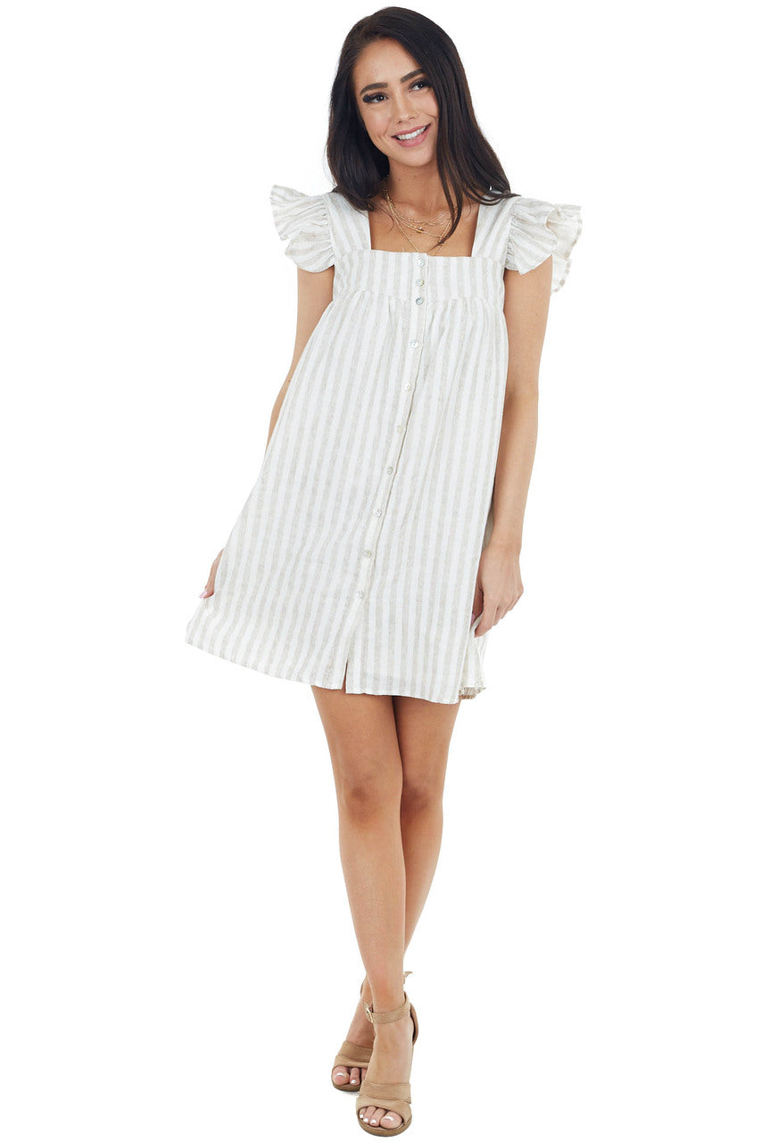 Oatmeal and Ivory Stripe Print Mini Dress with Ruffle Straps
