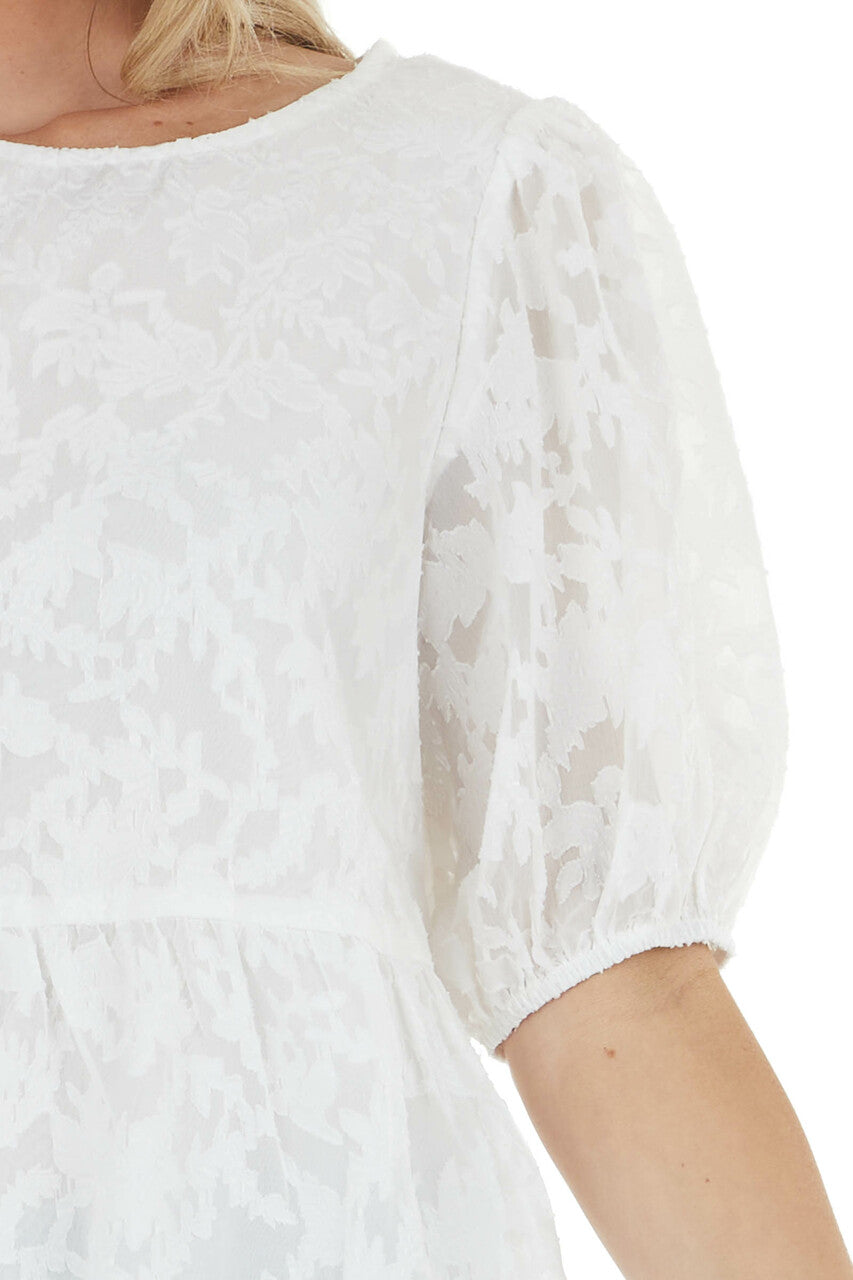 Off White Floral Lace Peplum Top with Short Puff Sleeves