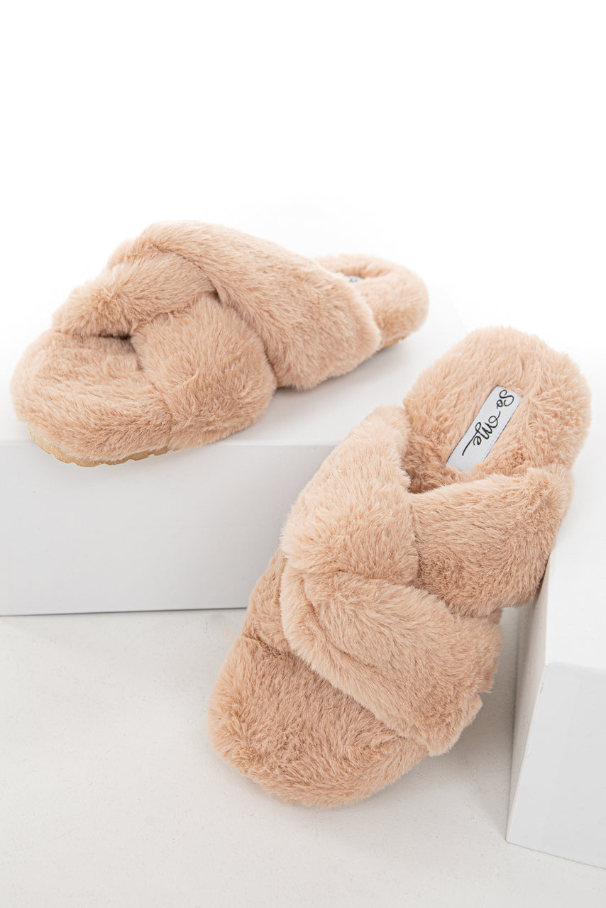 Desert Sand Fuzzy Sandal Slippers with Criss Cross Details