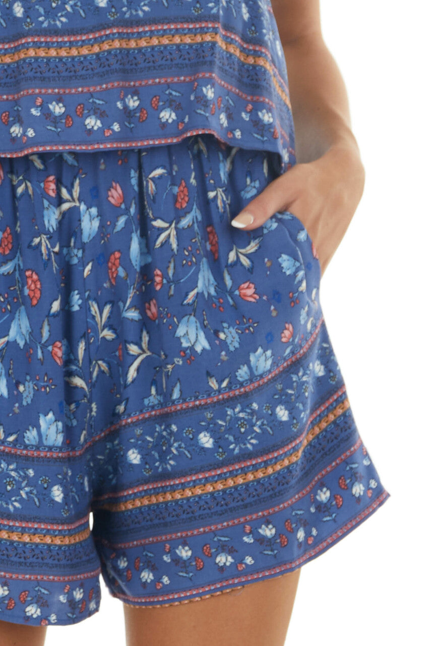 Royal Blue Floral Print Halter Neck Romper 