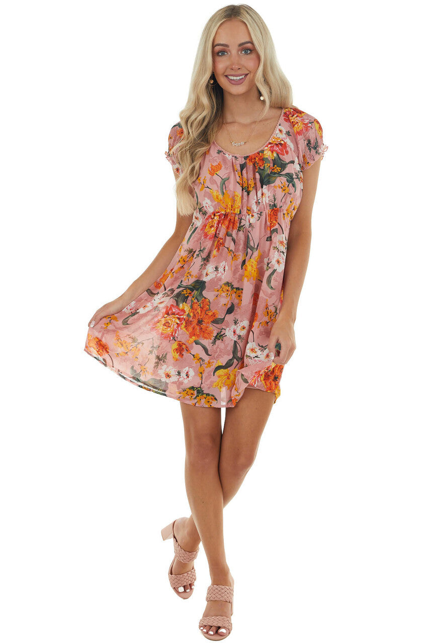 Dusty Blush Floral Print Woven Babydoll Dress 