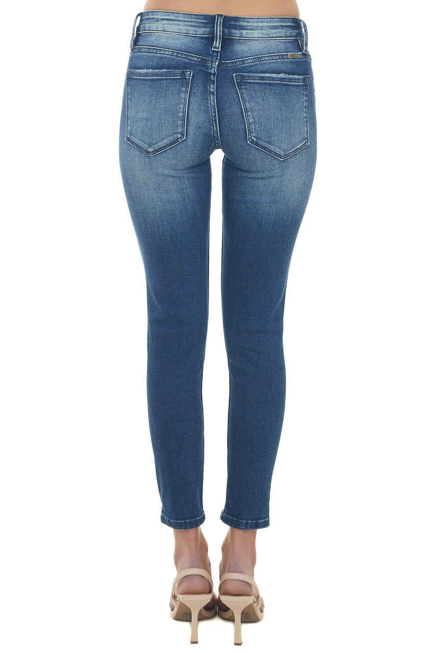 Dark Mid Rise Distressed Ankle Skinny Jeans