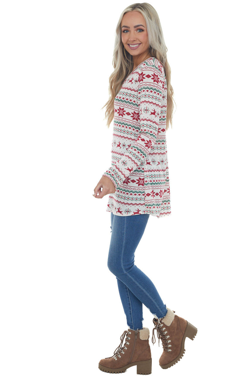 Vanilla Holiday Print V Neck Knit Top