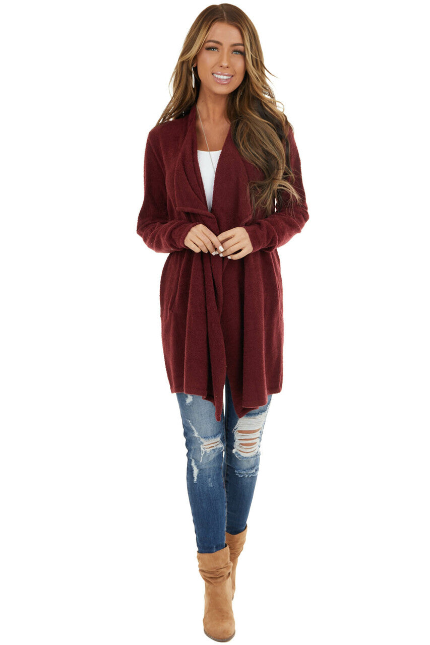Wine Super Soft Fuzzy Open Front Cardigan with Pockets