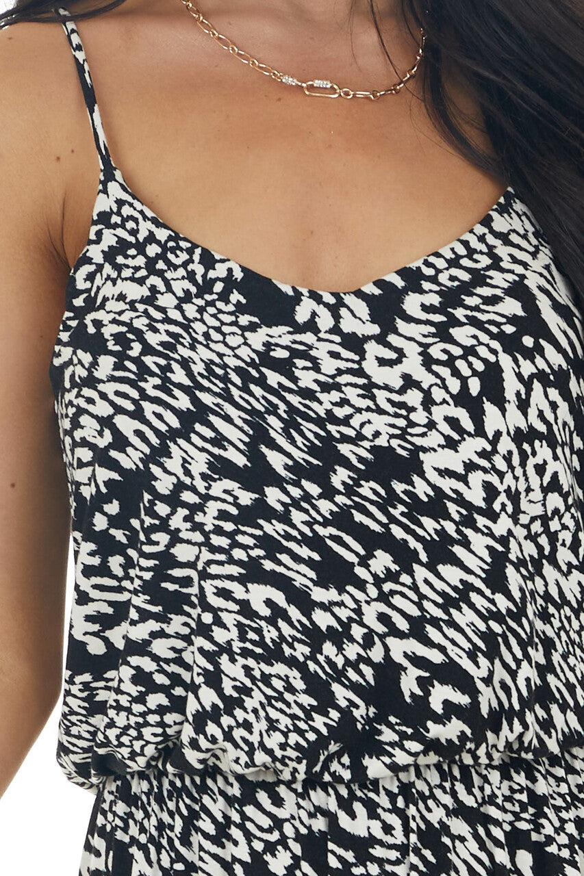 Black and Ivory Leopard Print Sleeveless Blouson Maxi Dress 