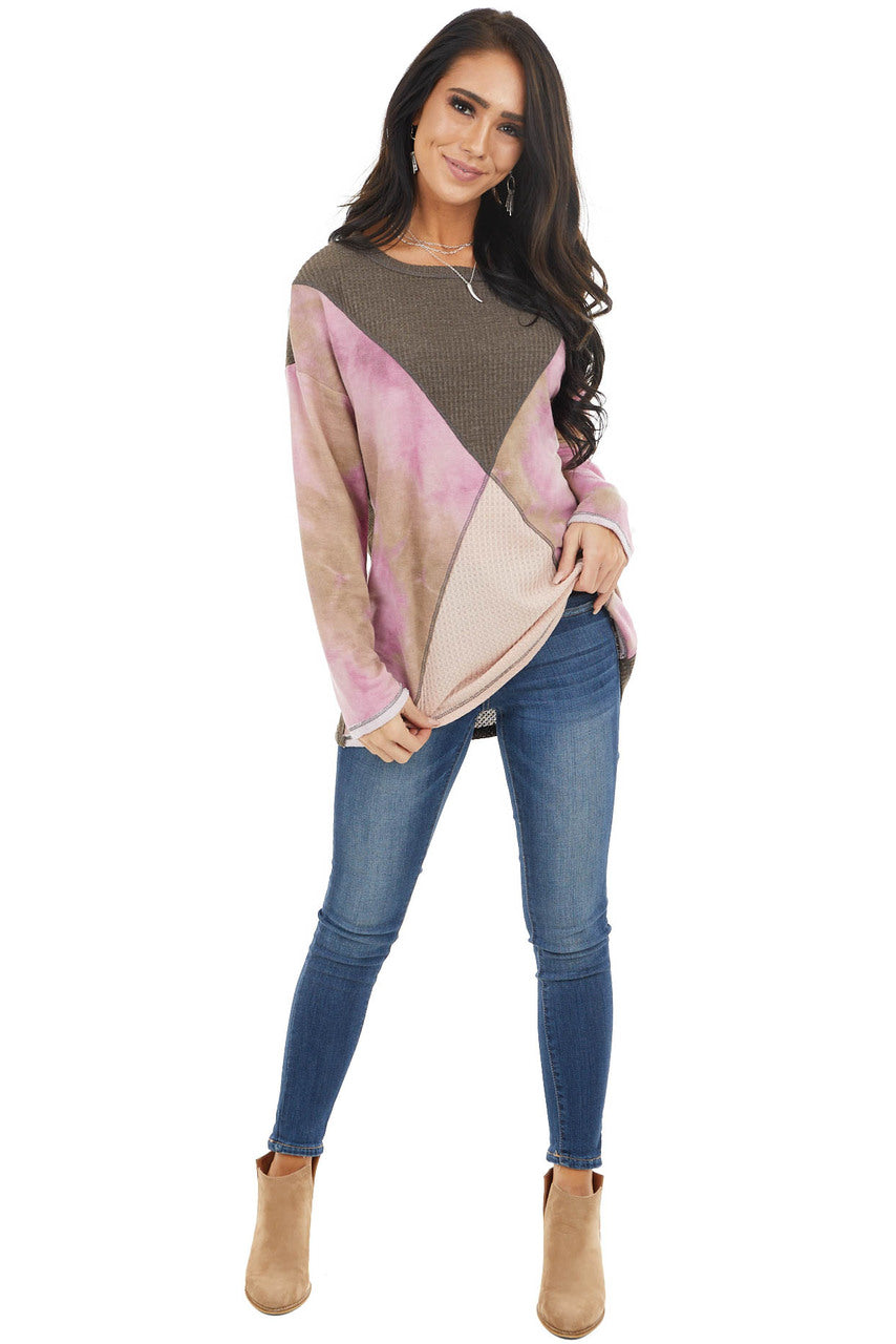 Taupe and Blush Colorblock Long Sleeve Top with Tie Dye 