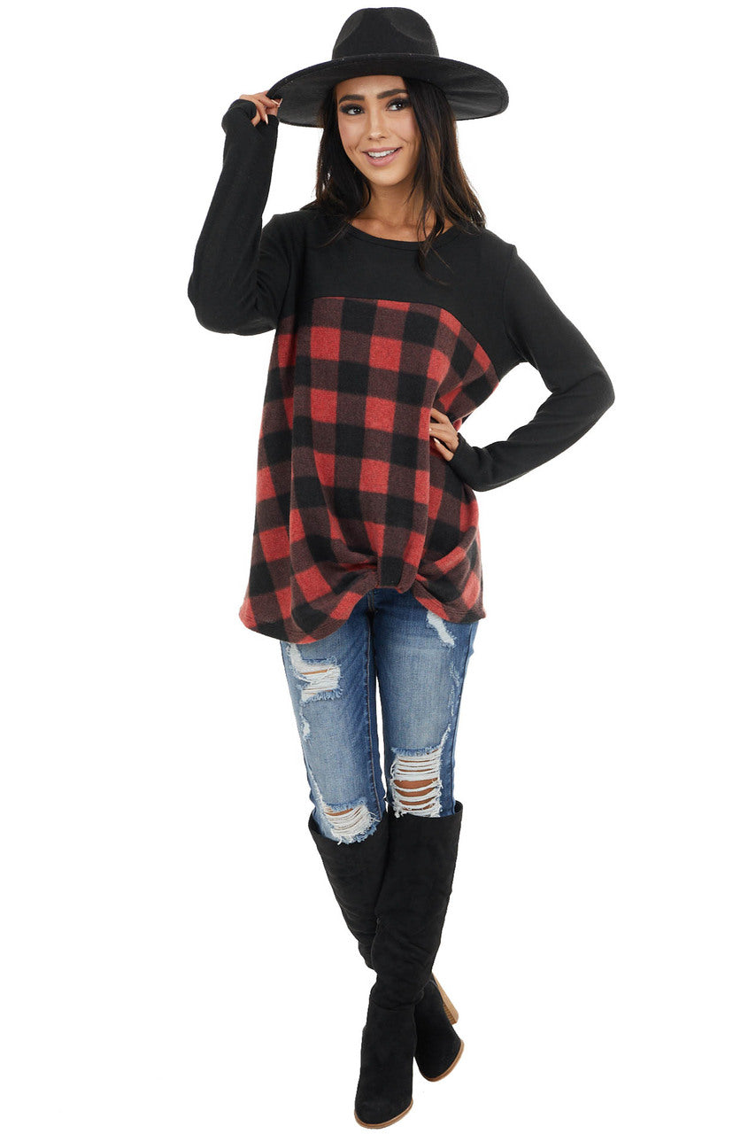 Black and Crimson Buffalo Plaid Top with Twisted Detail