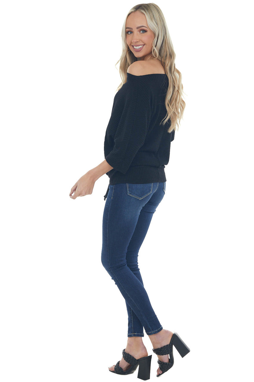 Black Waffle Knit Boat Neck Top with Tie