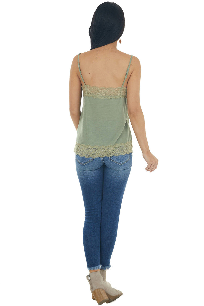 Sage Knit Camisole Top with Lace Trim