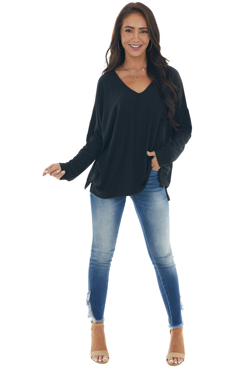 Black Drop Shoulder Knit Top with V Neck