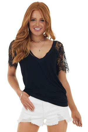 Black V Neck Short Sleeve Top with Lace Detail 
