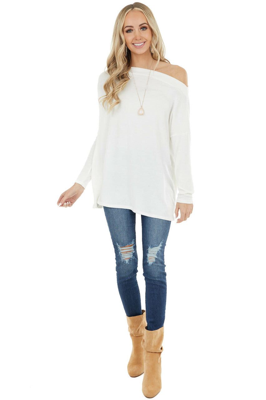 Ivory Off the Shoulder Long Sleeve Soft Knit Top