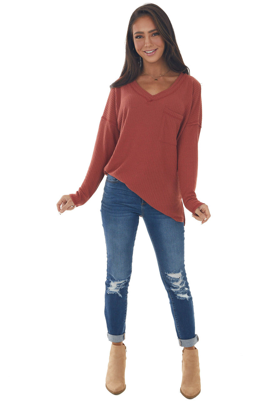 Rust V Neck Waffle Knit Top with Chest Pocket