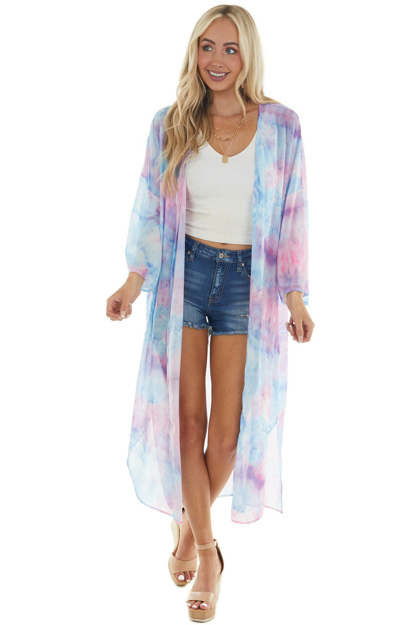 Sky Blue Tie Dye Open Front Chiffon Kimono