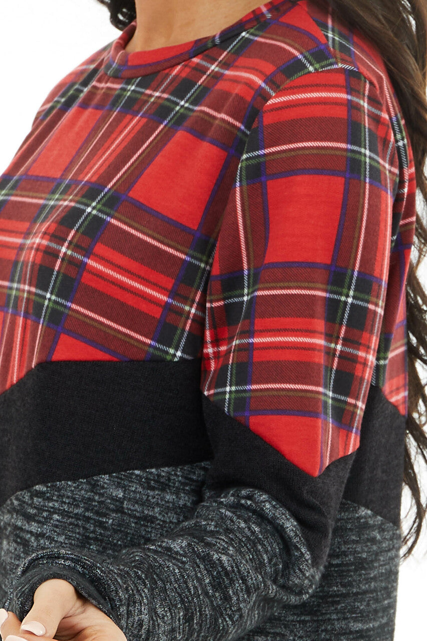 Lipstick Red Plaid and Colorblock Long Sleeve Top