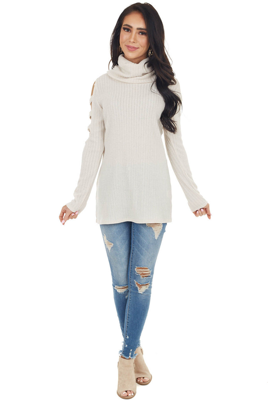 Oatmeal Ribbed Knit Long Ladder Sleeve Cowl Neck Top