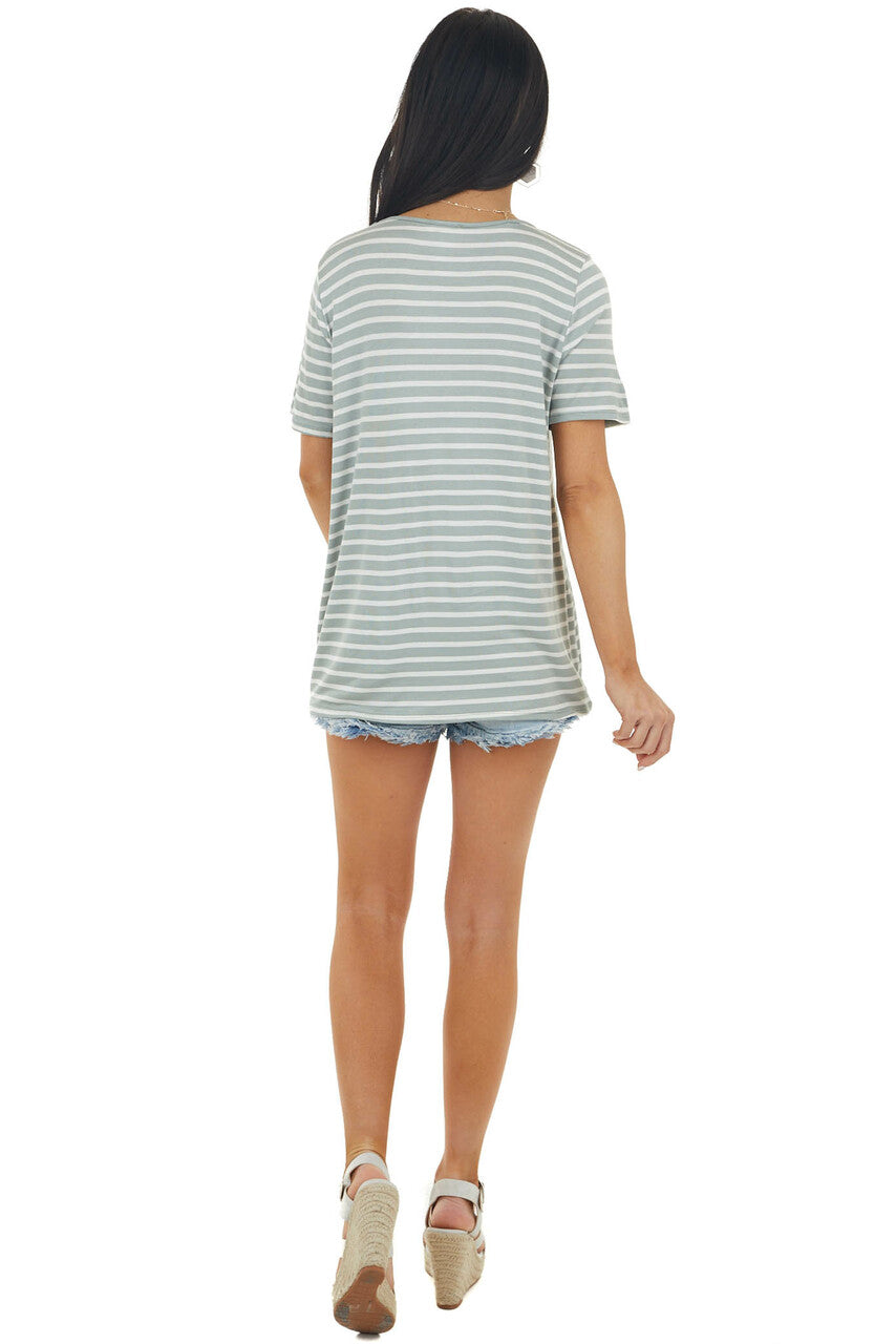 Pearl and Sage Striped Short Sleeve Knit Top with Pocket
