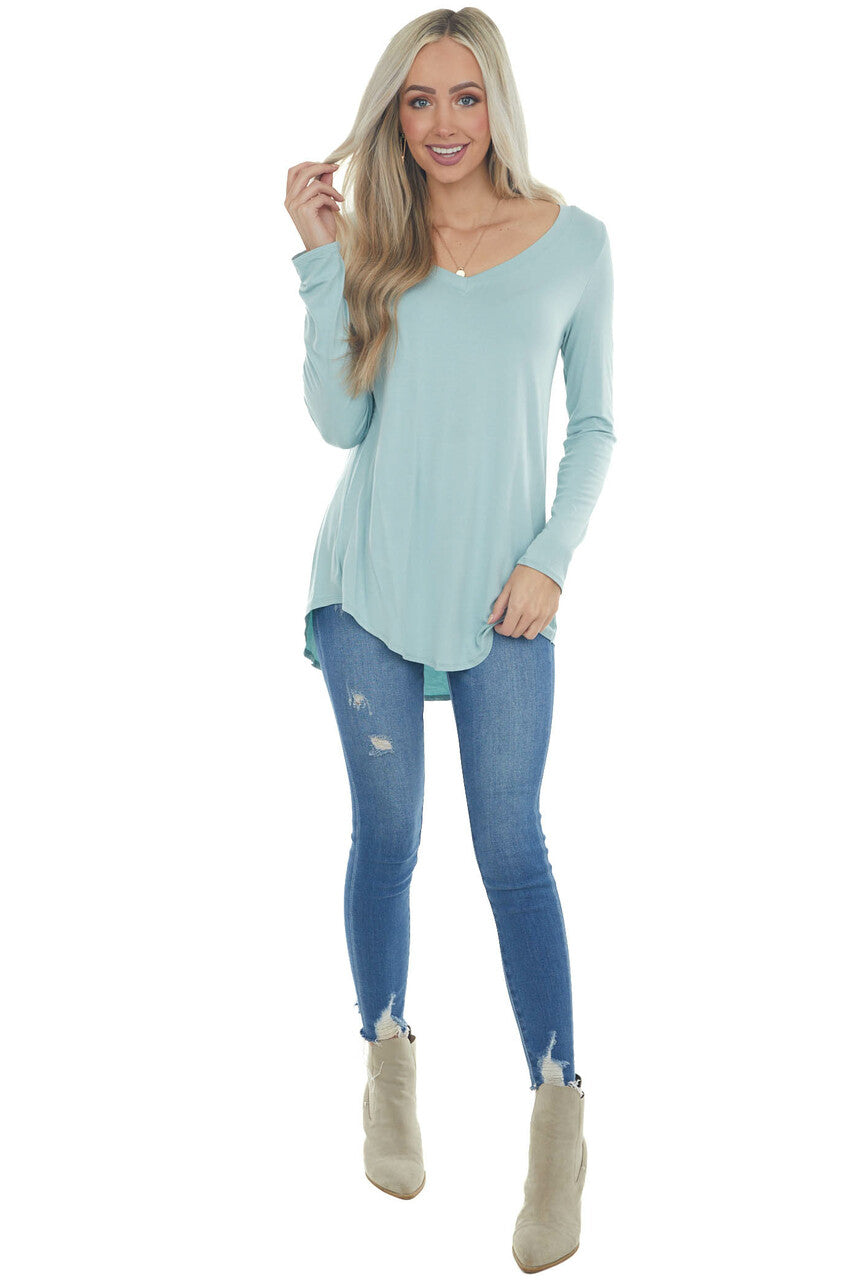 Arctic Blue Rounded Hem V Neck Soft Knit Top